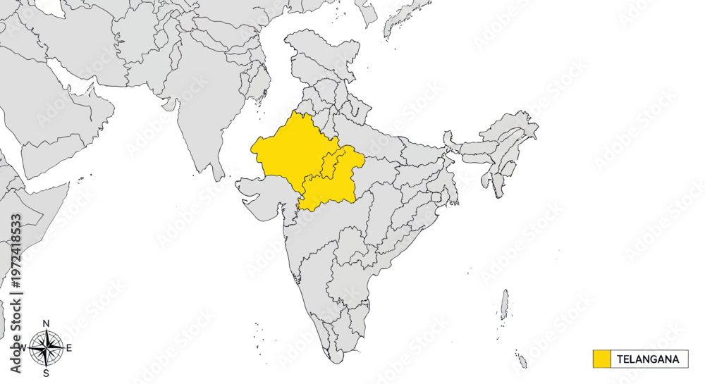 Fototapeta premium Map of Telangana, India highlighted in yellow on the Indian subcontinent map