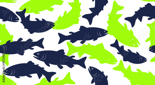 Seamless Pattern of Blue and Green Salmon Fish on White Background