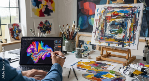 Artist at work creating digital art with colorful palette and tools