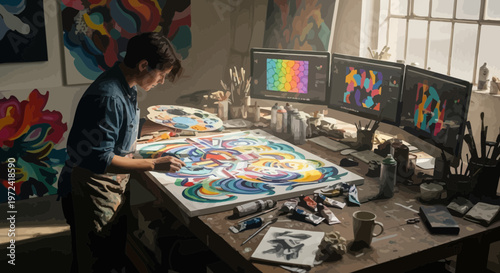 Artist painting colorful artwork in studio with digital displays