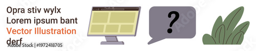 Technology, website navigation, online help, communication, questioning, search for answers. A computer screen, speech bubble and bush icon. Technology and website navigation concept