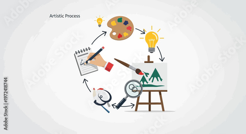 Artistic process illustration of creative workflow from idea to finished artwork