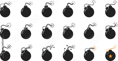 Cartoon Bomb Icon Set Featuring Explosive Objects with Burning Fuse, Detonation Symbols, and Danger Elements in Black Silhouette Vector Style