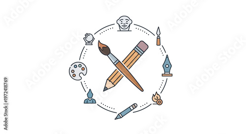 Artistic tools illustration pencil and brush surrounded by design elements