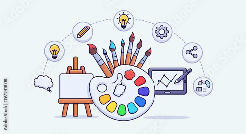 Artistic tools illustration showing brushes palette ideas and creativity concept
