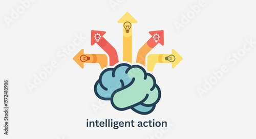 Brain with arrows indicating choices and intelligent action concept