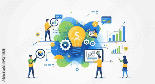 Business people working together with ideas and financial symbols illustration