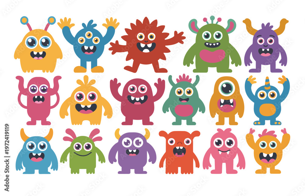 Naklejka premium cartoon monster collection, twenty different creatures with unique shapes and expressions, colorful funny and spooky characters, fantasy imagination concept, playful vector illustration set.