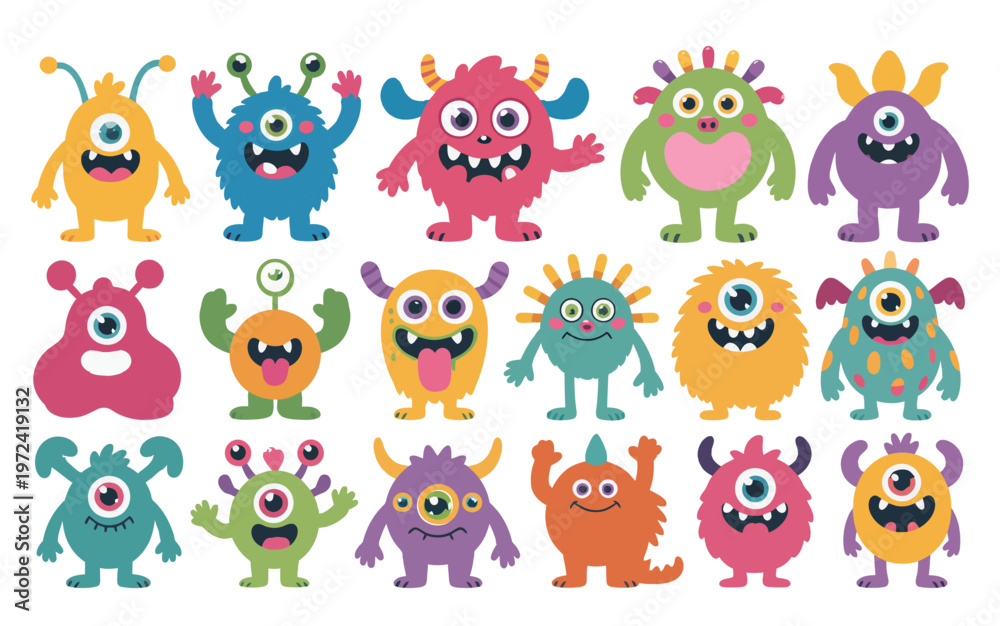 Naklejka premium twenty colorful cartoon monsters set, various shapes and funny expressions, cute and scary creature characters collection, fantasy doodle style design, kids illustration vector pack.