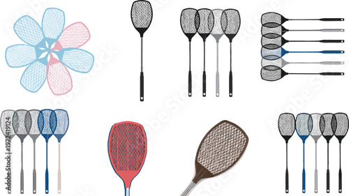 Fly Swatter Collection Featuring Household Pest Control Tools, Different Shapes and Colors, and Cleaning Equipment Icons in Detailed Vector Illustration Style