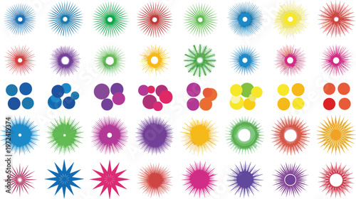 Colorful Sunburst and Abstract Shape Collection Featuring Radial Designs, Decorative Elements, and Vibrant Geometric Patterns for Creative Graphic Design Projects