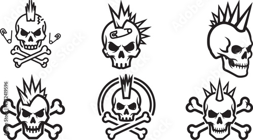 Collection of punk rock skull illustrations with mohawks eps 10