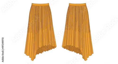 Dynamic Flowing Yellow Pleated Asymmetrical Hem Skirts Fashion Design Flat Sketch Technical Drawing Clothing Apparel Isolated