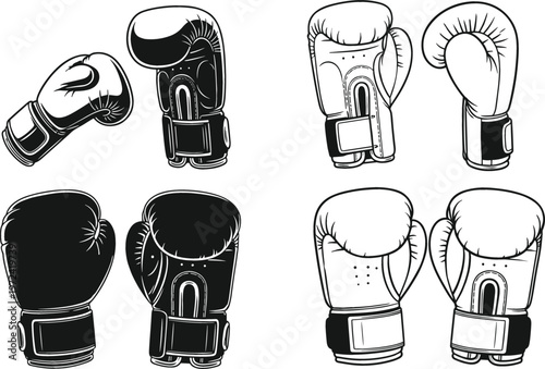 Boxing gloves collection in vintage hand drawn style featuring multiple angles, detailed textures, and sports equipment illustrations for fitness, training, and combat design