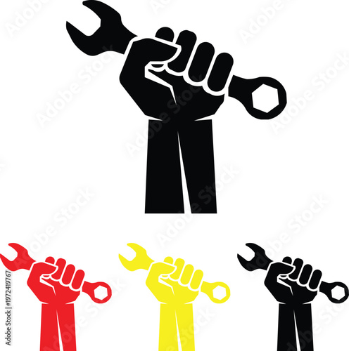 Powerful Labor Day Symbolism: Wrench in Fist, Workers' Strength, Unity, Solidarity, Red, Black, Yellow, Industrial Worker, Protest, Union Representation, Labor Movement, Solidarity, Workers' Rights