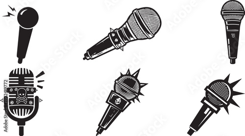 Punk rock microphone collection in black and white style eps 10