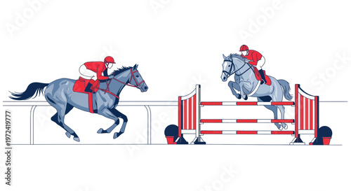 Equestrian sport illustration: horse jumping and racing, jockey on horseback, competition