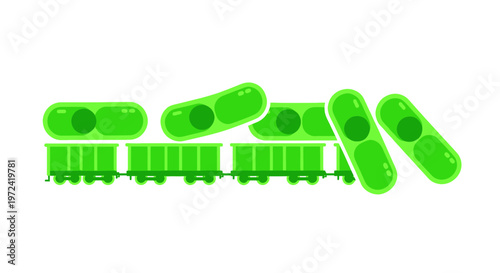 Green Bacteria Cells and Train Wagons, Science Concept Illustration