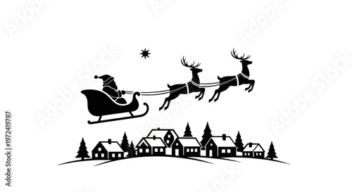 Santa Claus flying in sleigh pulled by reindeer over village silhouette at night