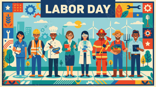 People celebrate Labor Day with various professionals in a city