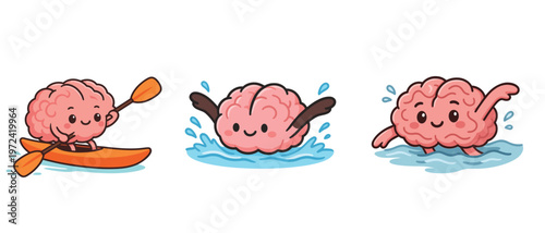 Cartoon Brain Characters Kayaking and Swimming in Water