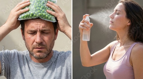 Man holding a bag of frozen peas to his head and woman spraying face mist outdoors, heat relief methods, summer, prevention, wellness, discomfort, health.