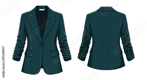 Stylish teal women's blazer vector illustration, showcasing both front and back. Perfect for professional fashion, business wear, and elegant attire