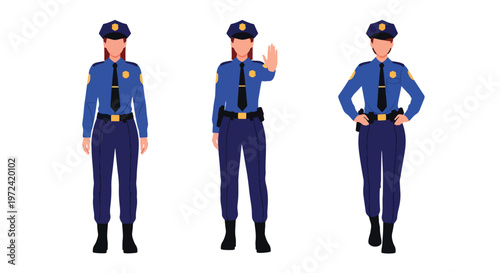 Collection set vector flat style of 3 female police officers in uniform performing different duties, law enforcement characters isolated on clean background for security and public safety concepts
