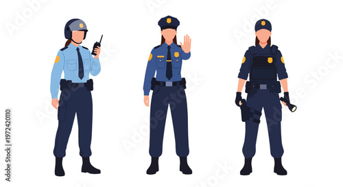 Collection set vector flat style of 3 female police officers in uniform performing different duties, law enforcement characters isolated on clean background for security and public safety concepts