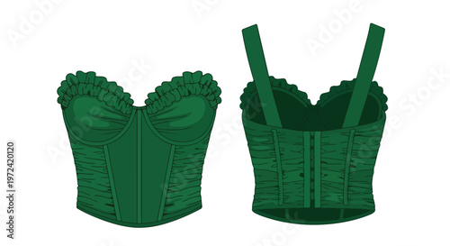 Vector flat illustration of a stylish emerald green ruffled corset top, showcasing front and back views, ideal for fashion design and apparel concept.