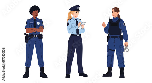 Collection set vector flat style of 3 female police officers in uniform performing different duties, law enforcement characters isolated on clean background for security and public safety concepts