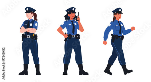 Collection set vector flat style of 3 female police officers in uniform performing different duties, law enforcement characters isolated on clean background for security and public safety concepts