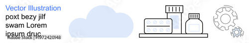 Healthcare technology, pharmaceutical industry, medication tracking, cloud storage, digital pharmacy tools, innovative medical systems. Medicine bottles, pills gear and cloud icon. Healthcare