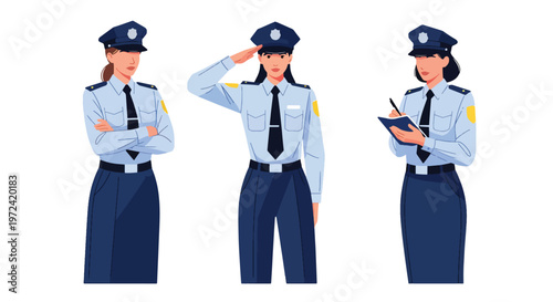 Collection set vector flat style of 3 female police officers in uniform performing different duties, law enforcement characters isolated on clean background for security and public safety concepts