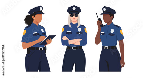 Collection set vector flat style of 3 female police officers in uniform performing different duties, law enforcement characters isolated on clean background for security and public safety concepts
