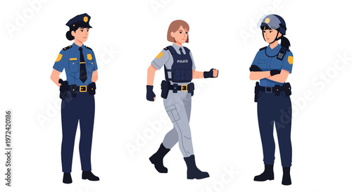 Collection set vector flat style of 3 female police officers in uniform performing different duties, law enforcement characters isolated on clean background for security and public safety concepts