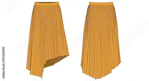 A stylish mustard yellow pleated midi skirt depicted in a clean, professional fashion flat illustration. Featuring a distinct asymmetrical hemline