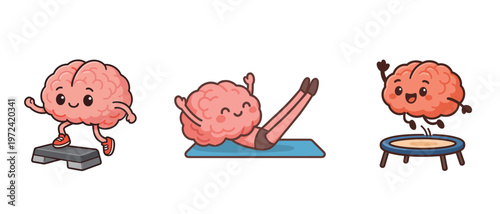 Cartoon brains exercising on stepper mat and trampoline