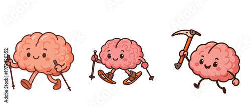 Cute Brain Characters Walking Skiing and Climbing Cartoon