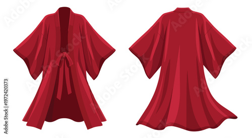 Vibrant crimson traditional Japanese style robe design front and back views a detailed cultural garment illustration perfect for various artistic