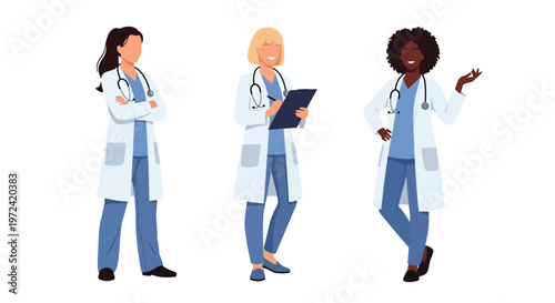 Collection set vector flat style of 3 female doctors and healthcare workers in medical uniforms, professional hospital staff characters isolated on clean background