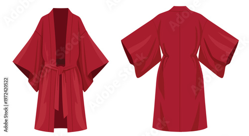 Vibrant crimson robe vector artwork. Front and back views of a traditional wide-sleeved garment with a defined waist tie, isolated on a bright white