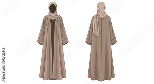 Modest abaya and hijab illustration front and back views. This vector graphic elegantly displays traditional Islamic women's wear, highlighting