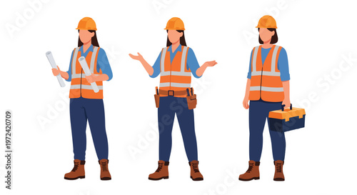 Collection set vector flat style of 3 female construction workers, engineering and building industry characters isolated on clean background