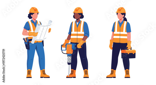 Collection set vector flat style of 3 female construction workers, engineering and building industry characters isolated on clean background
