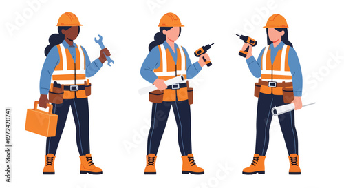 Collection set vector flat style of 3 female construction workers, engineering and building industry characters isolated on clean background