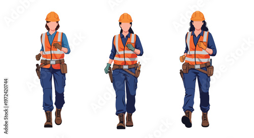 Collection set vector flat style of 3 female construction workers, engineering and building industry characters isolated on clean background