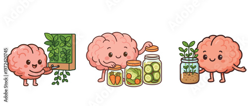 Cartoon brains growing plants and preserving vegetables