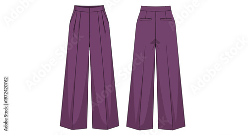 Stylish wide-leg purple palazzo pants technical drawing front and back views fashion design illustration