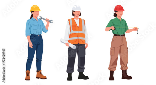 Collection set vector flat style of 3 female construction workers, engineering and building industry characters isolated on clean background